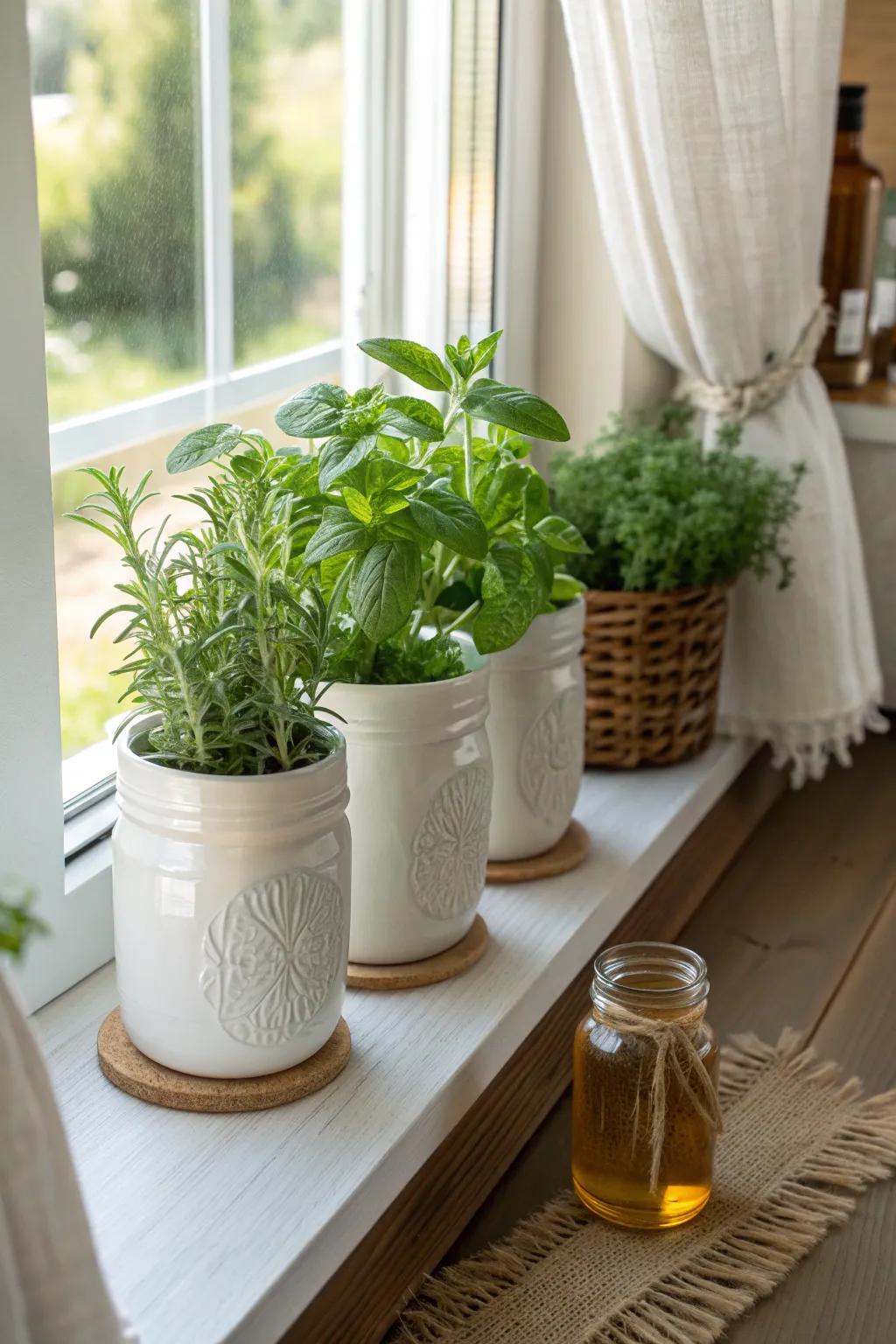 A tiny window-ledge herb garden: matching jars, bold greens, zero counter clutter.