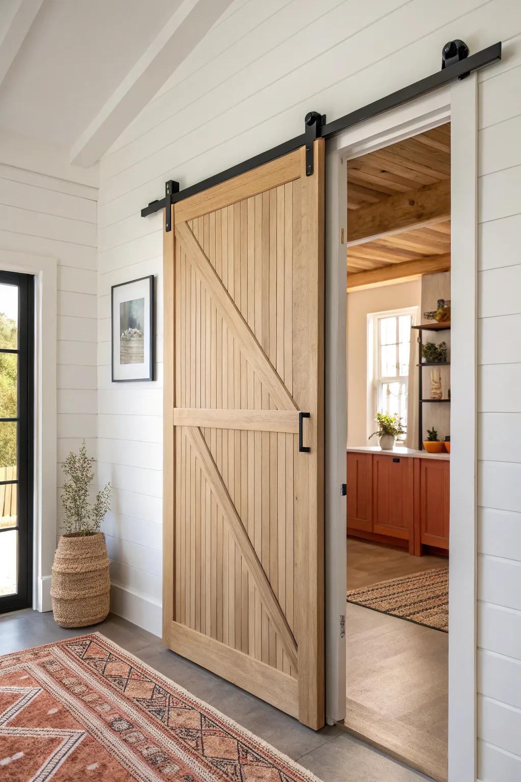 Swap swing doors for a sleek sliding door—instant breathing room in a tiny mobile home.