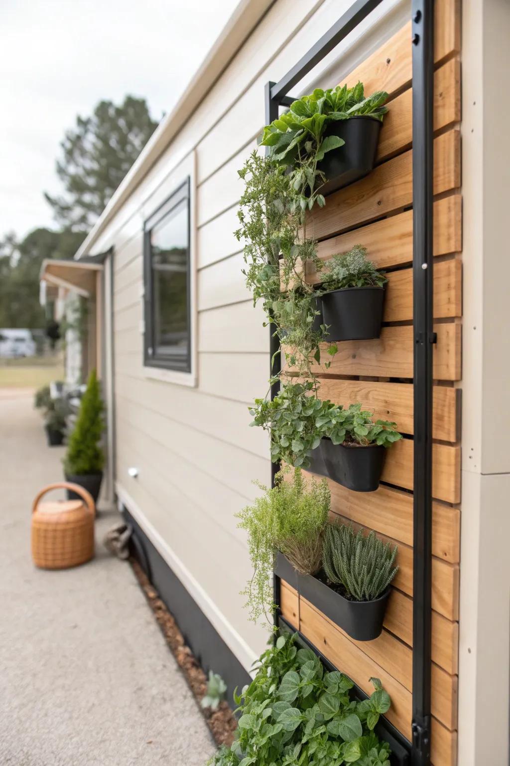 Turn a long mobile home wall into a lush vertical herb garden—sleek, warm, and space-smart.