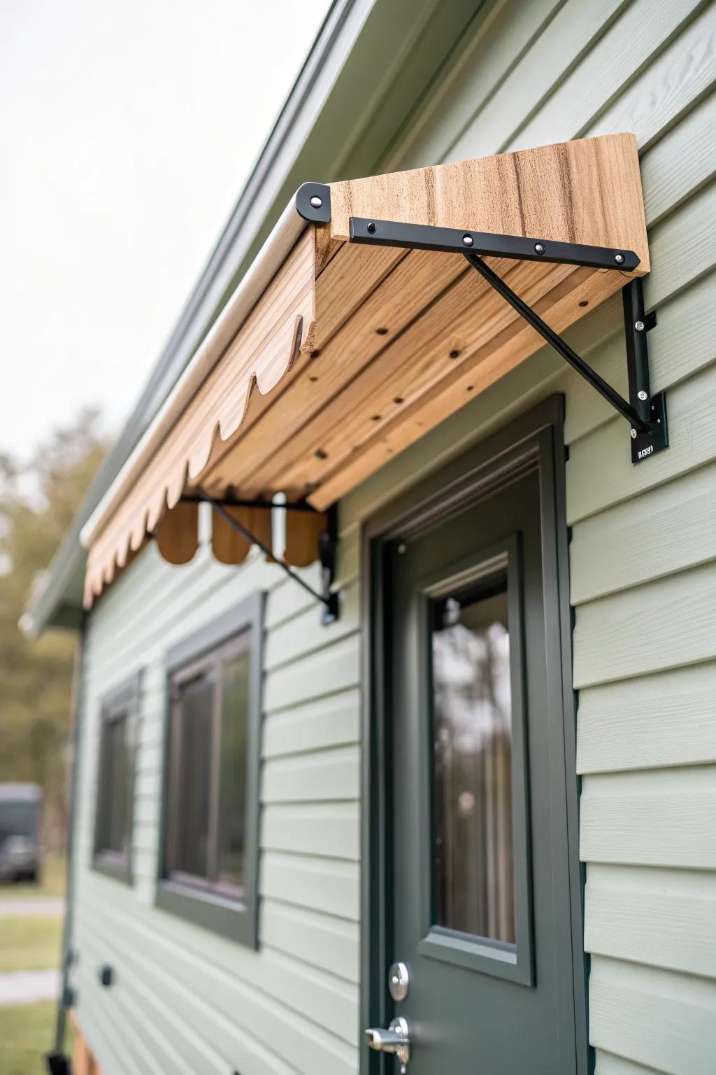 A tiny wood-and-black metal awning adds instant charm and rain protection to your entry.