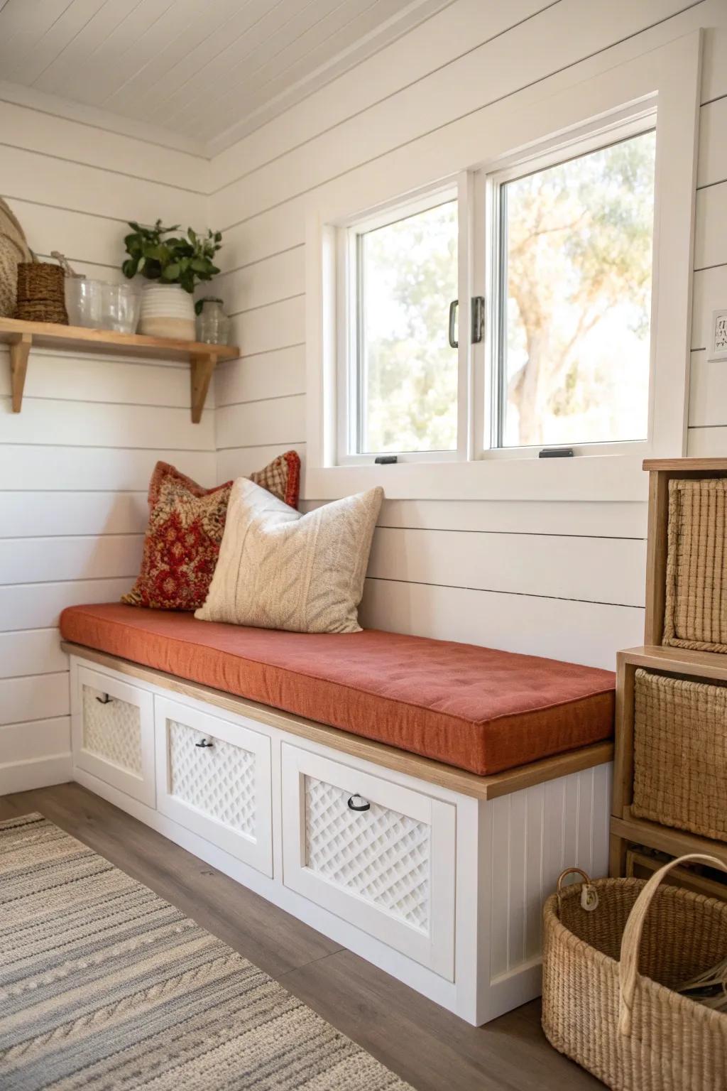 A sleek banquette with lift-up storage keeps a mobile home dining nook airy and organized.