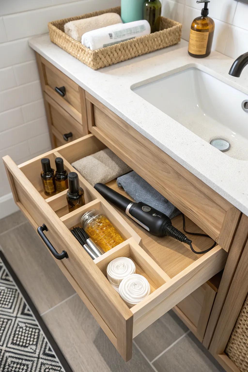 Sneaky toe-kick drawer: hidden storage for hair tools and backups under your vanity.