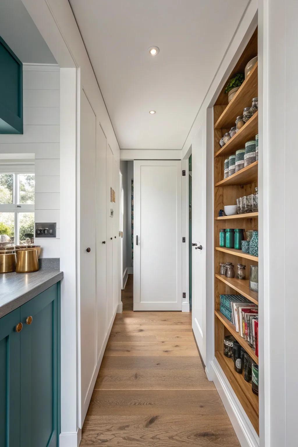 A hallway secret: a flush pantry door that disappears—extra storage without kitchen clutter.