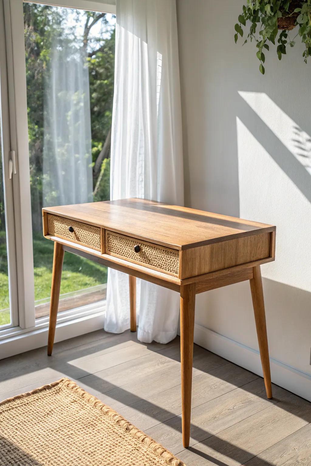 Slim sunroom desk with closed storage—bright views, minimal clutter, and a warm pop of color.