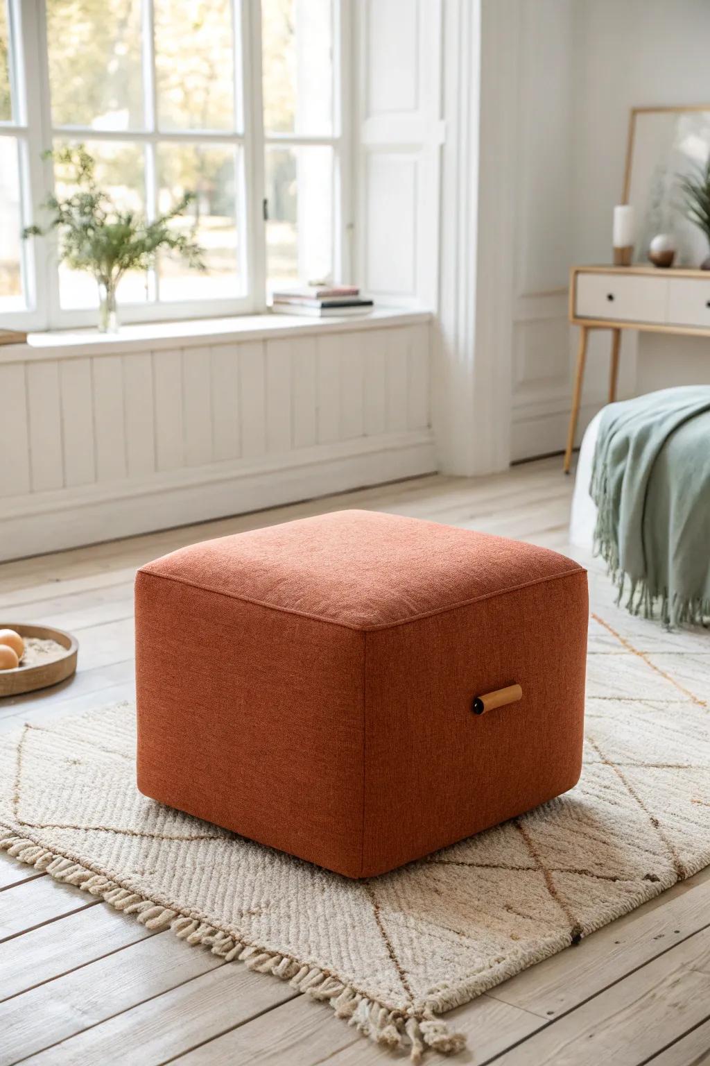 Terracotta modular cube seating—office-ready by day, stackable lounge seating for game night.