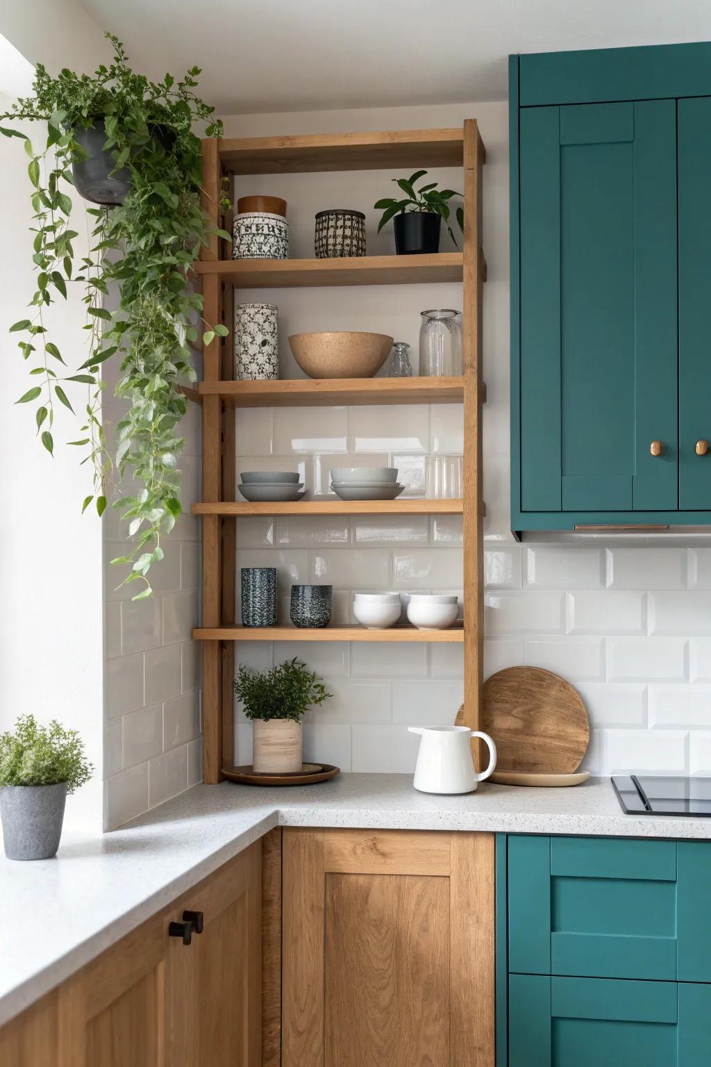 One open-shelf bay keeps small kitchens airy—style your prettiest everyday essentials.