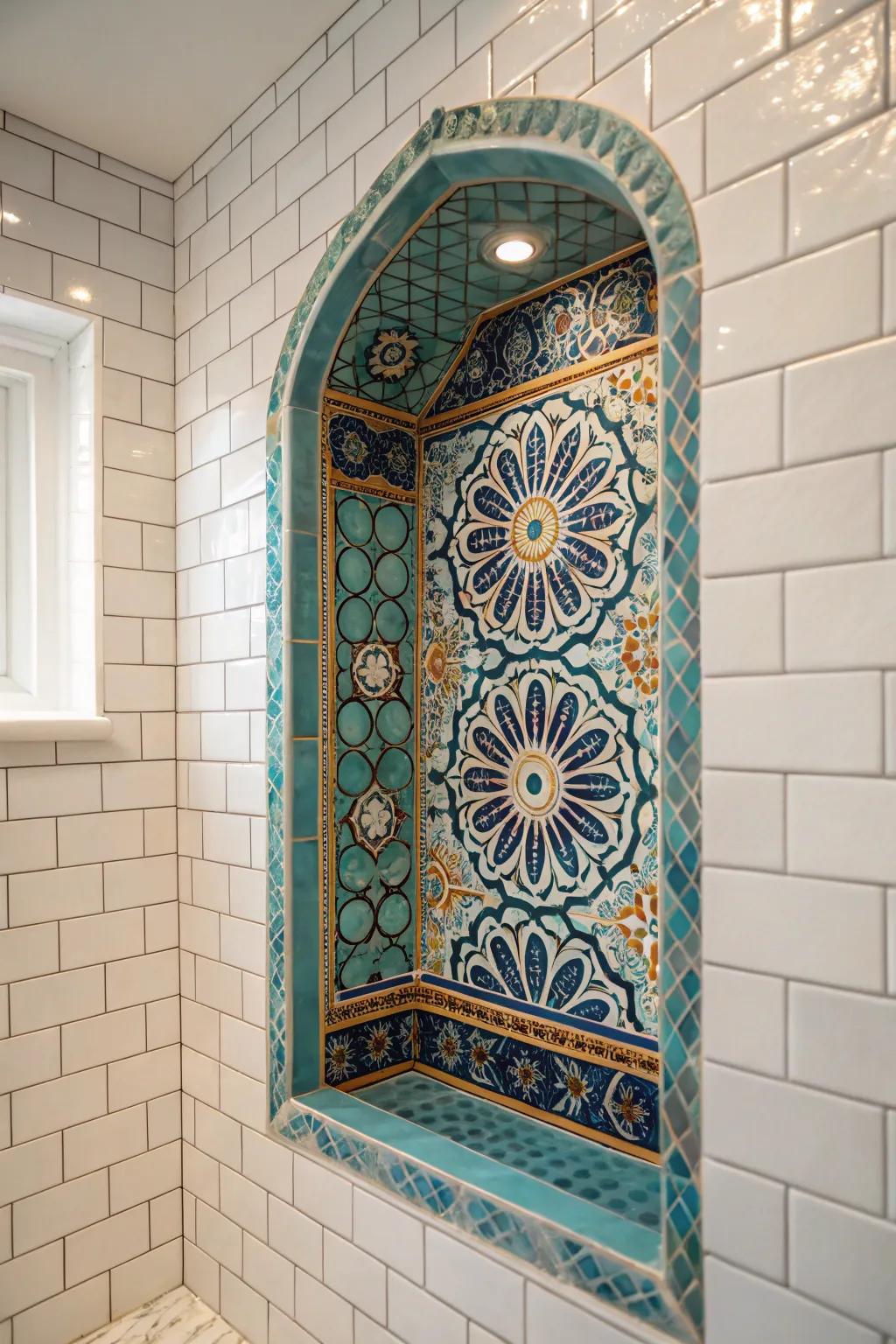 Elevate your shower experience with a stunning mosaic niche—where minimalist elegance meets boho flair.