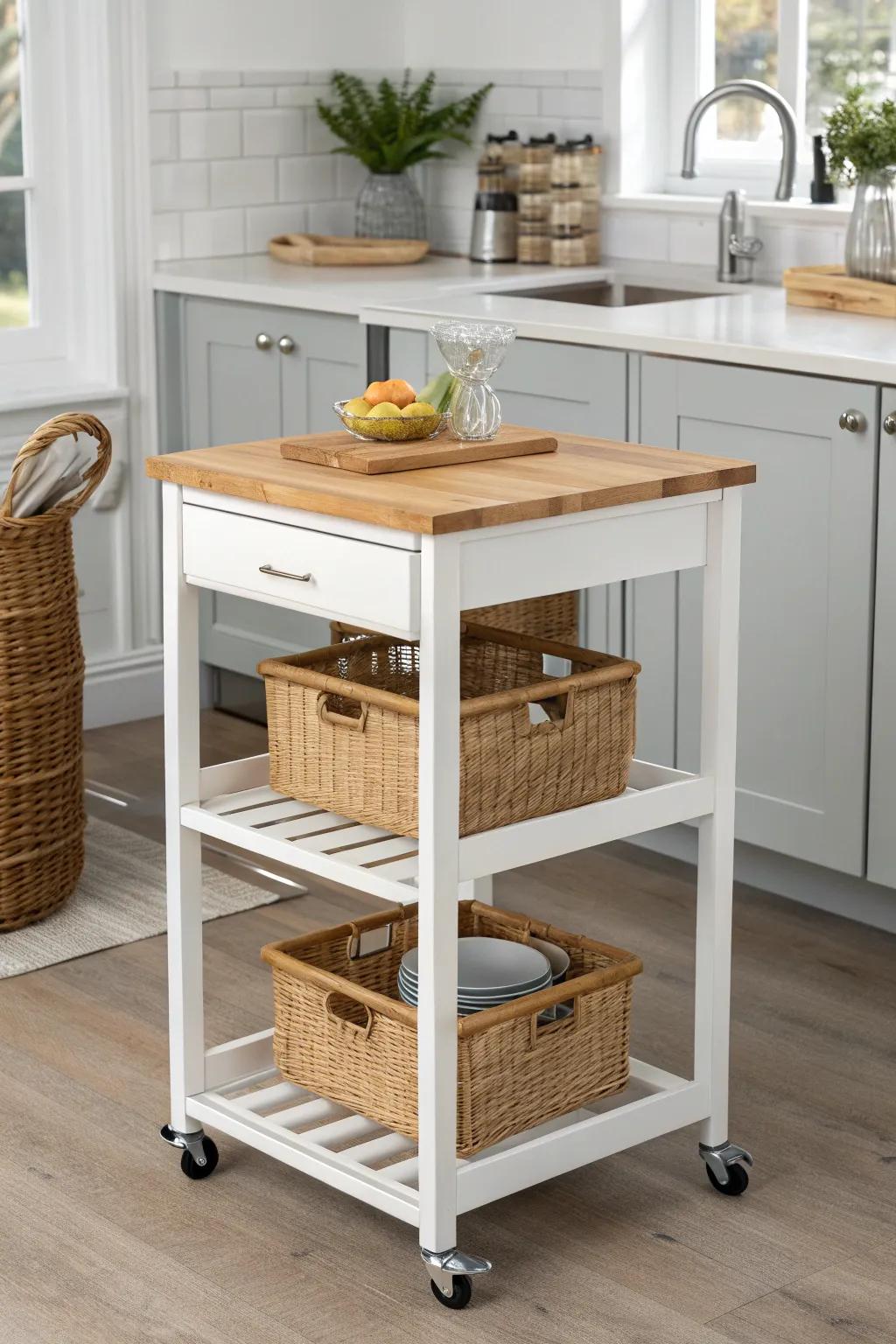 Two petite carts, one seamless island—bold, movable prep space for tiny studio kitchens.