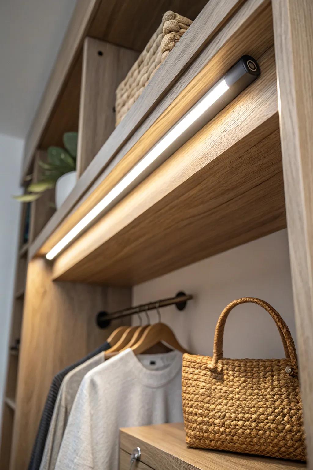 Motion-activated lighting turns a tiny mudroom closet into a built-in moment—hands-free.