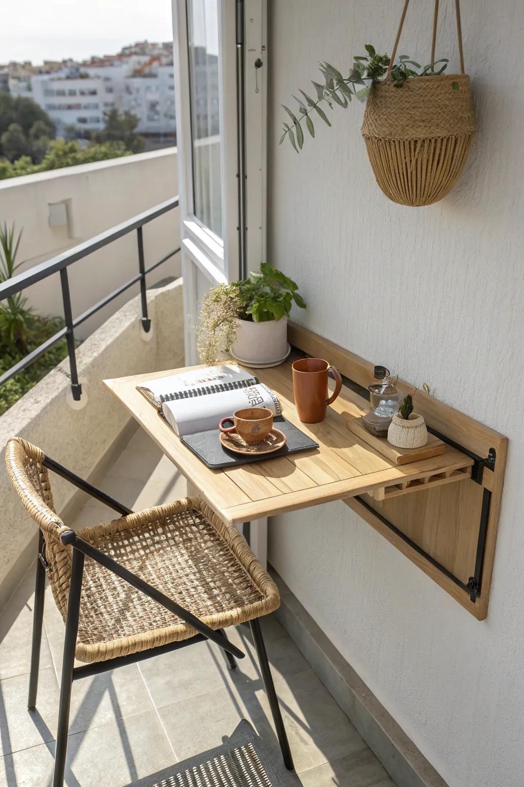 A fold-down wall desk turns a narrow balcony into a fresh-air work nook—then folds away.