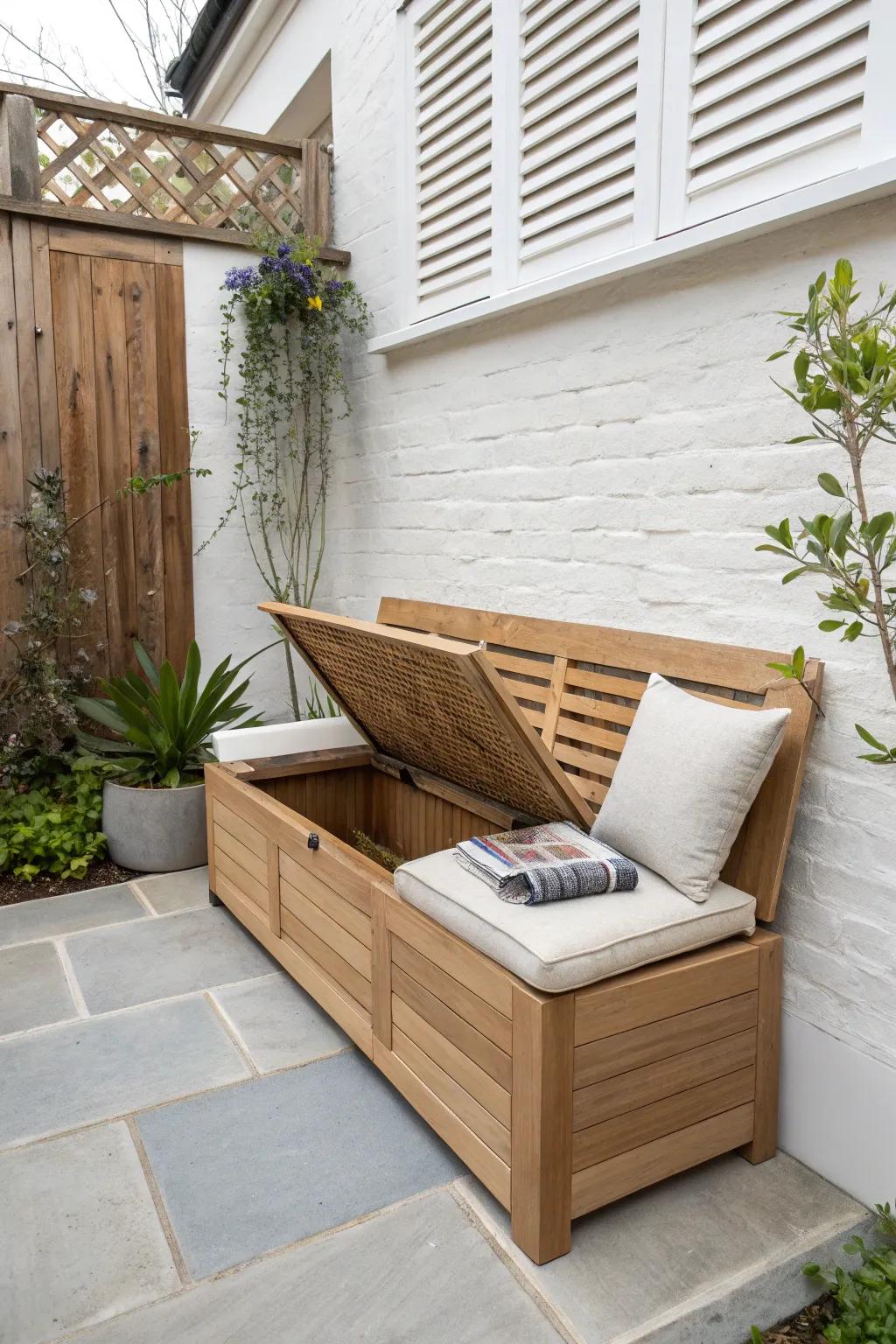 A corner storage bench keeps a narrow garden tidy—seating up top, clutter hidden below.