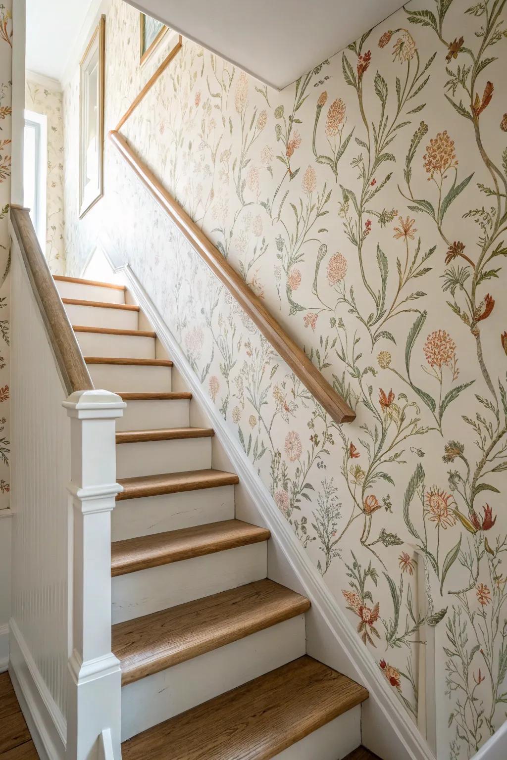 Feature wallpaper on one stair wall adds drama without closing in a narrow stairwell.