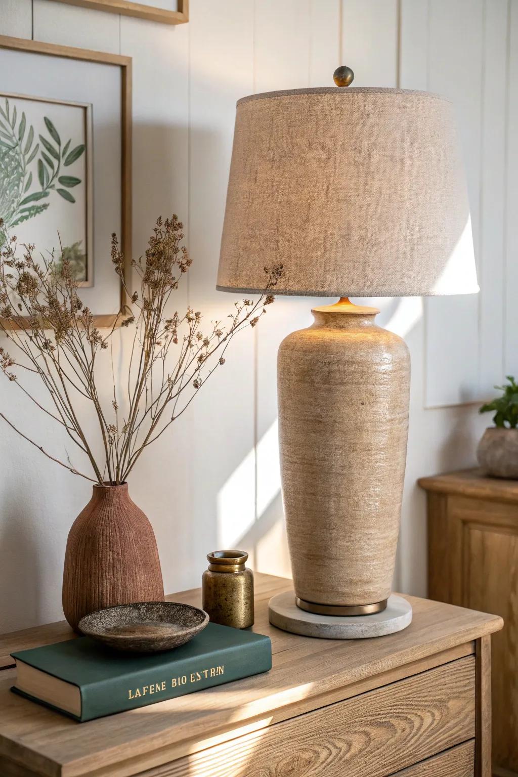 Mix tall, medium, and low pieces: a lamp, vase, and small dish for effortless depth.