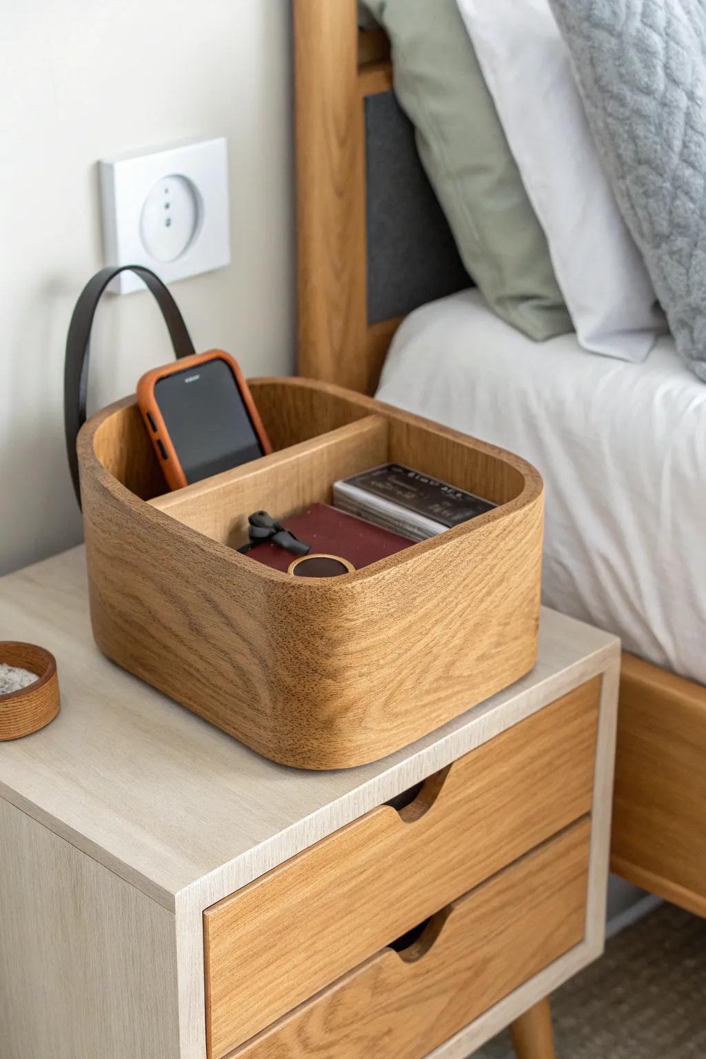 A tiny nightstand capsule box: keep only weekly essentials and let the rest live elsewhere.