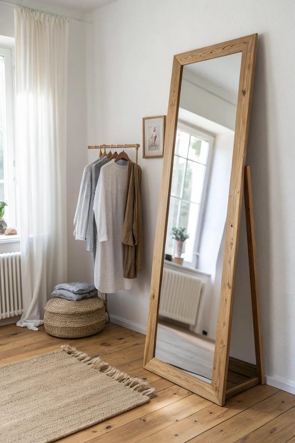 A full-length mirror turns your no-closet corner into a chic mini boutique—clean and intentional.
