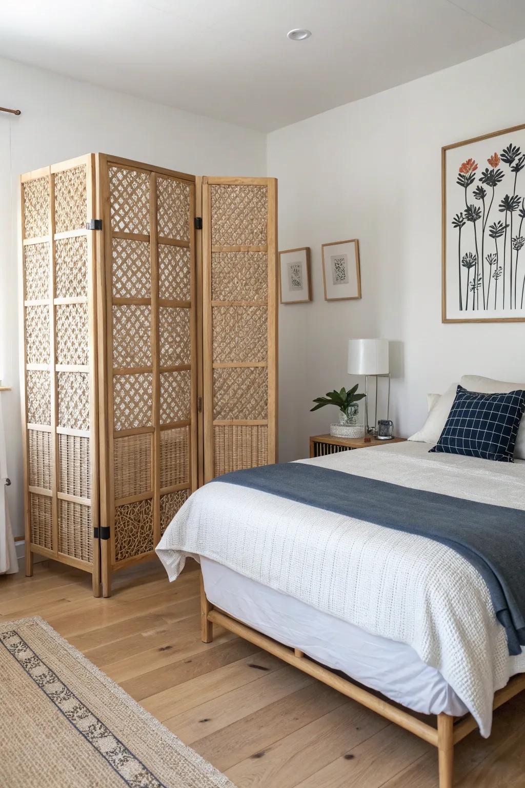 A bold folding screen doubles as a headboard—instant drama you can move anytime.