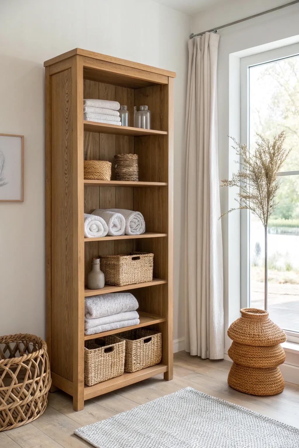 Turn a tall bookcase into a chic linen divider—towels and baskets feel like a real closet.