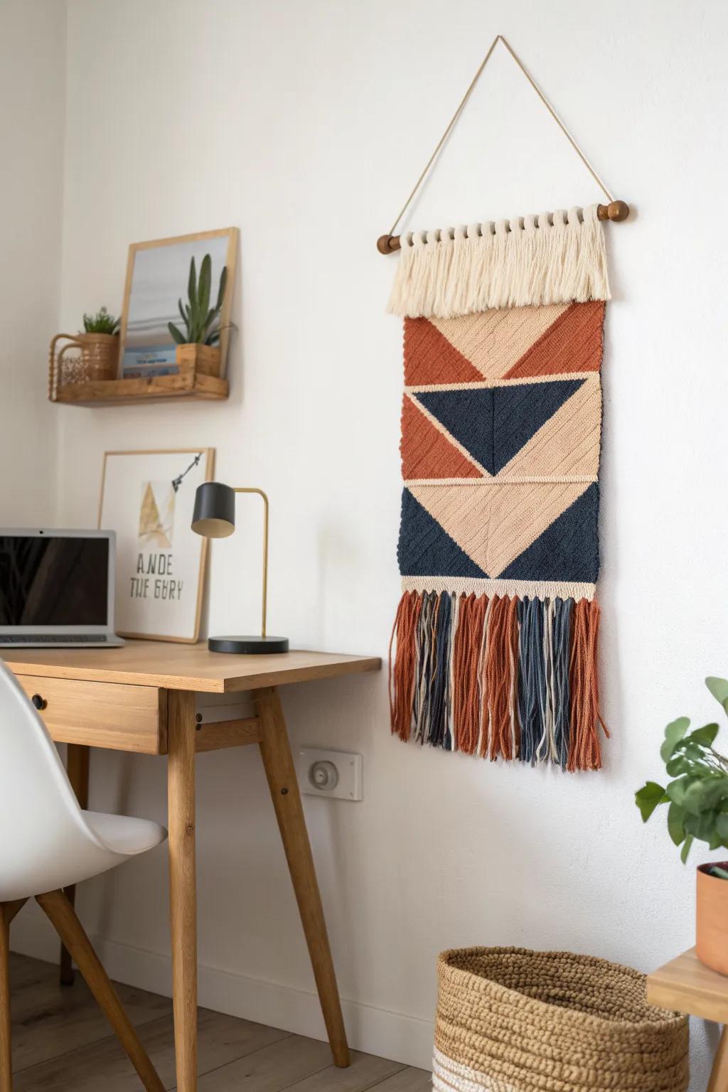 A chunky woven wall panel behind the desk softens echoes for nap‑time friendly calls.