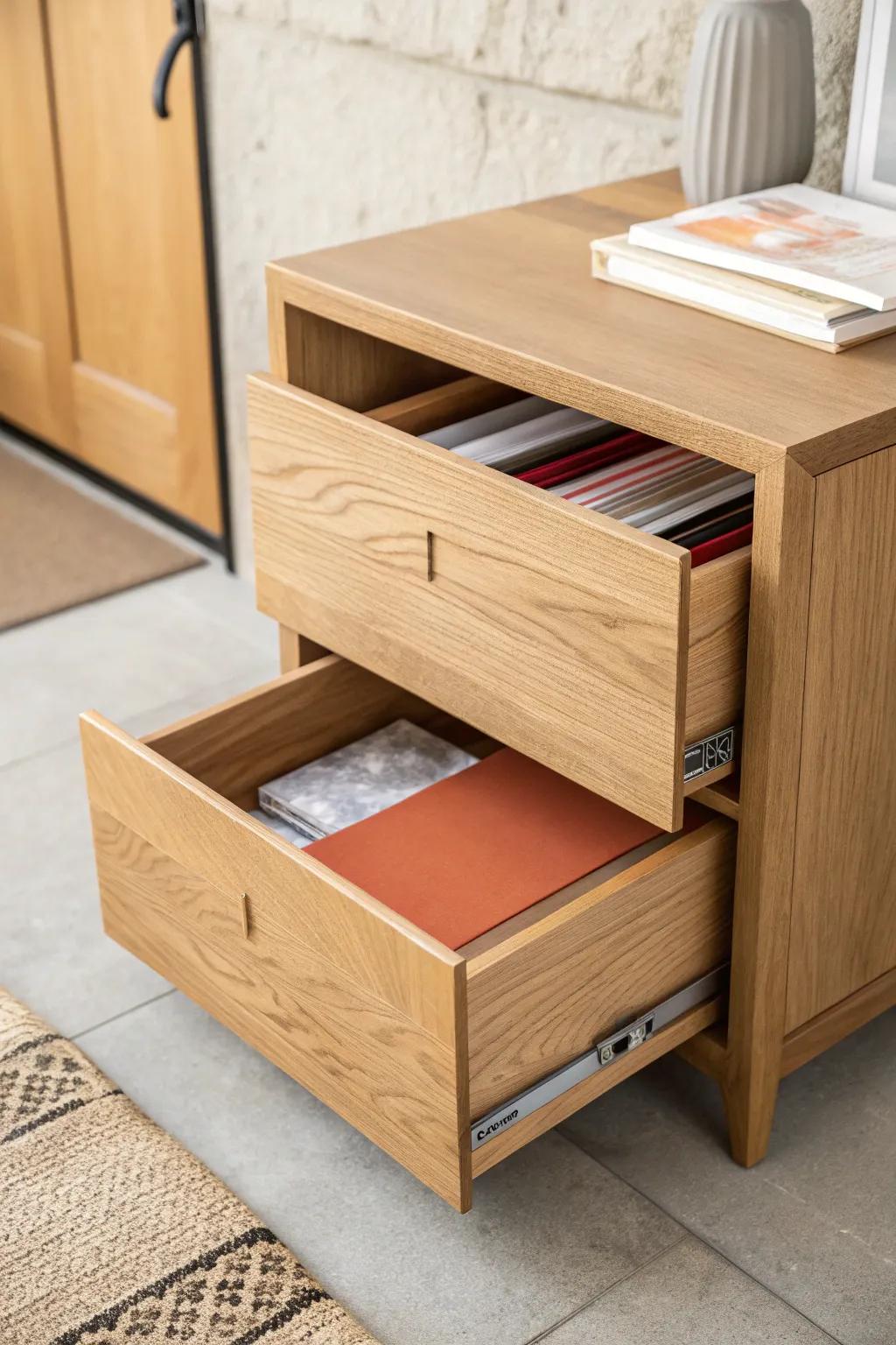 Hidden toe-kick drawer storage: a sleek secret spot for paper refills and office extras.