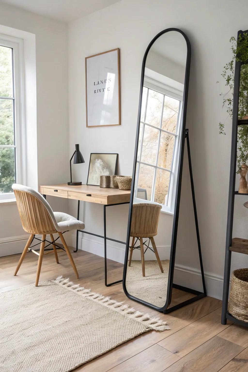 A mirror divider that brightens your tiny office corner while adding chic separation.
