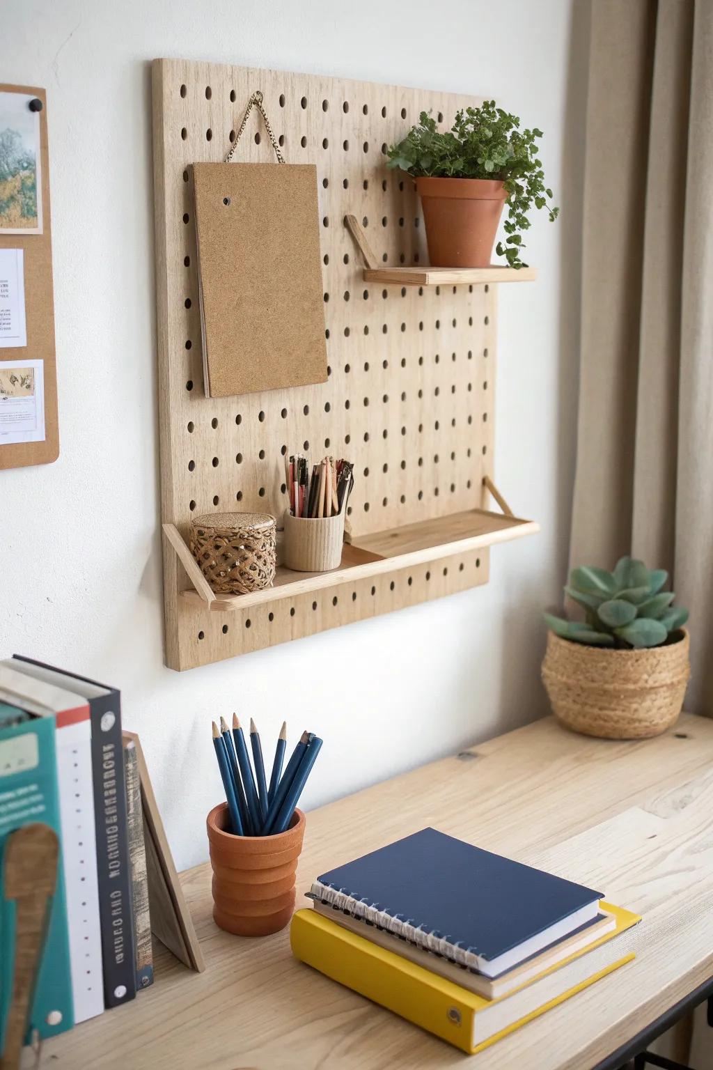 A pegboard desk zone that keeps small-space office supplies visible, tidy, and beautifully styled.