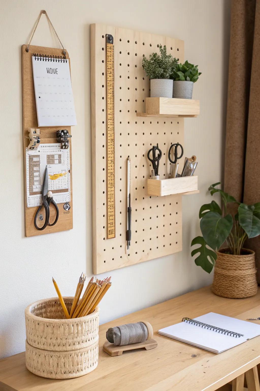 A craft-friendly pegboard corner that keeps tools tidy and your small office feeling calm.