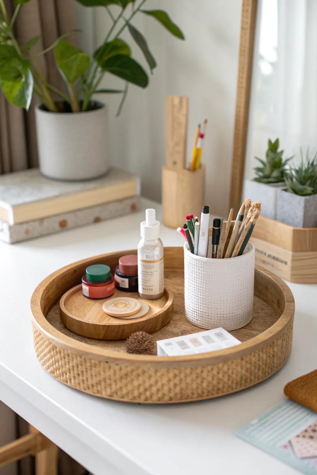 Lazy Susan magic: spin your tiny office supplies into view—no more lost glue sticks.