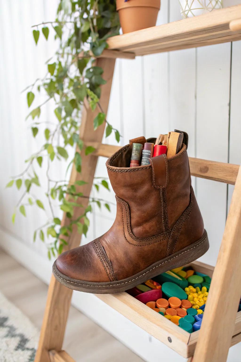 Repurpose with style: Transform a vintage boot into a charming storage solution for toys and art supplies!