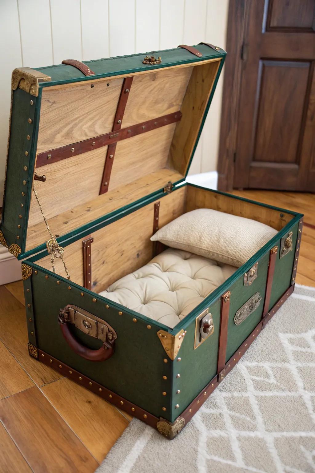Turn a vintage trunk into a cozy pet bed—hidden toy storage keeps small spaces serene.