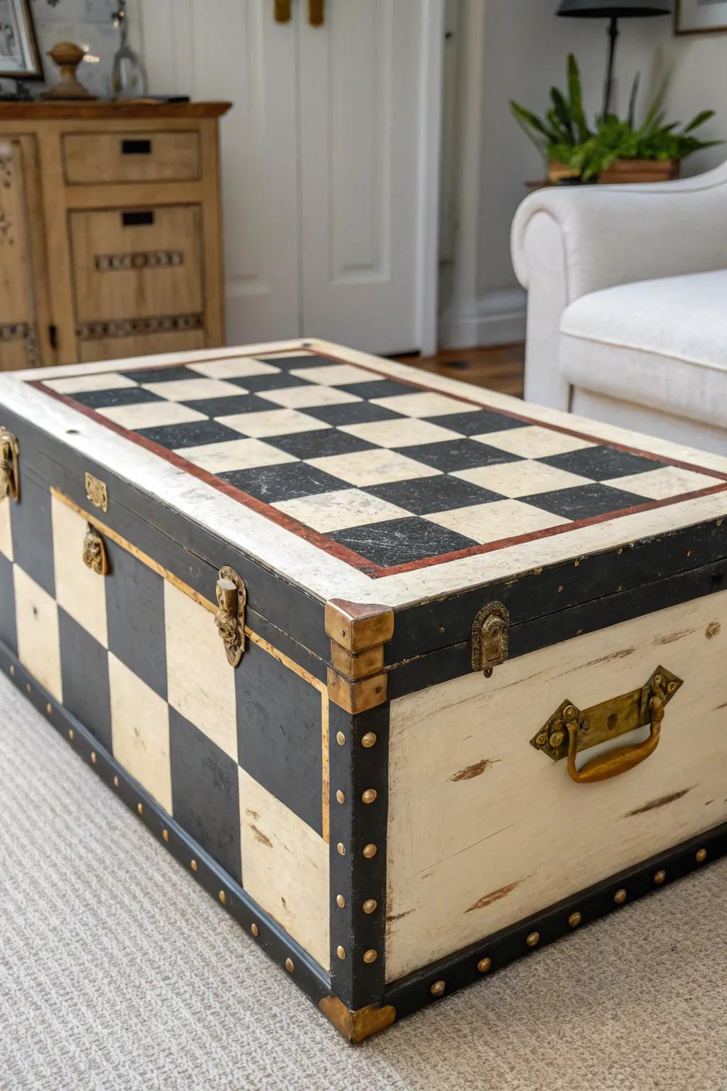 Bold checkerboard lid transforms an old trunk into a striking statement table—scuffs stay hidden.