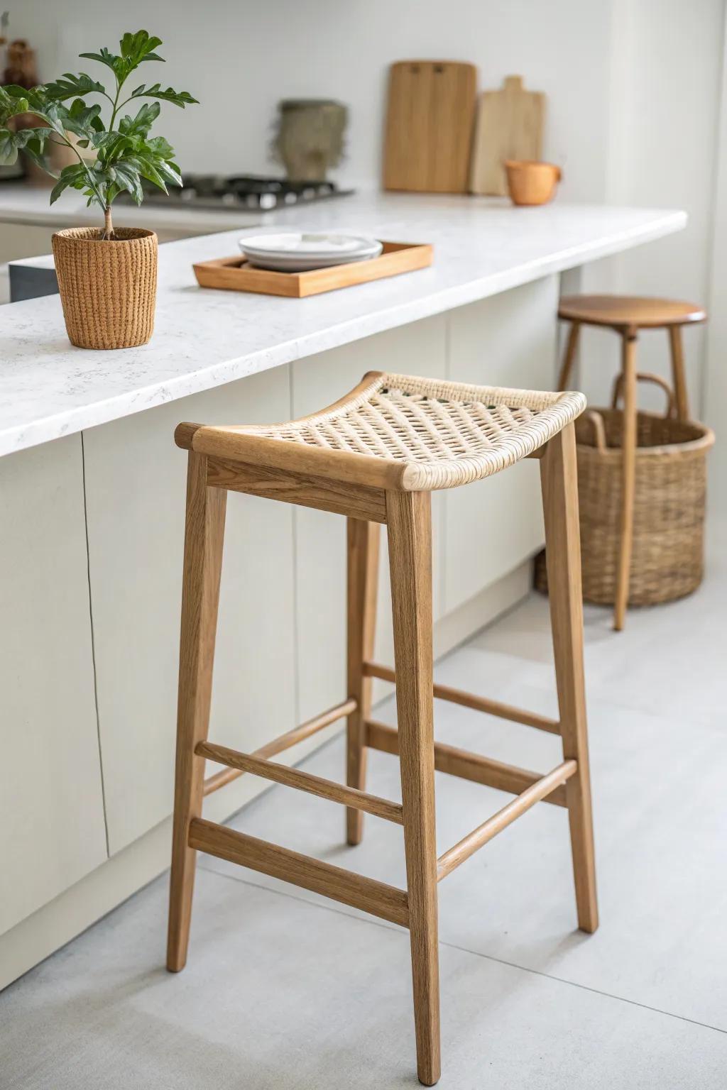 Style your kitchen bar like furniture with one beautiful stool, one plant, and clean lines.
