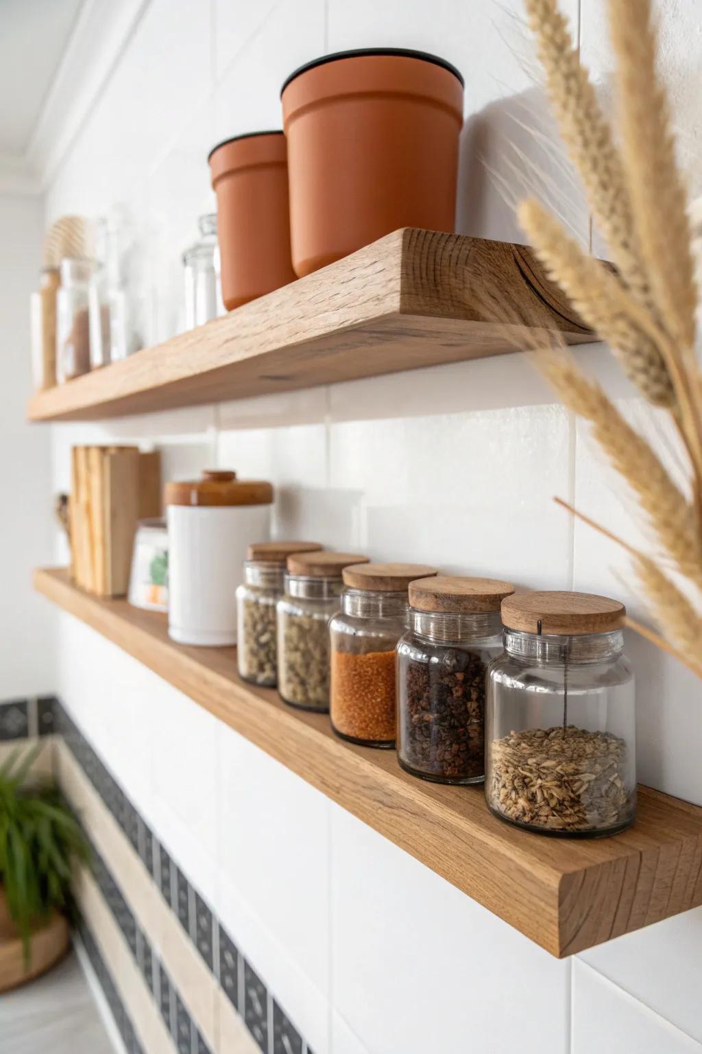 A slim picture ledge becomes a micro pantry—spices and tea storage with zero floor space.