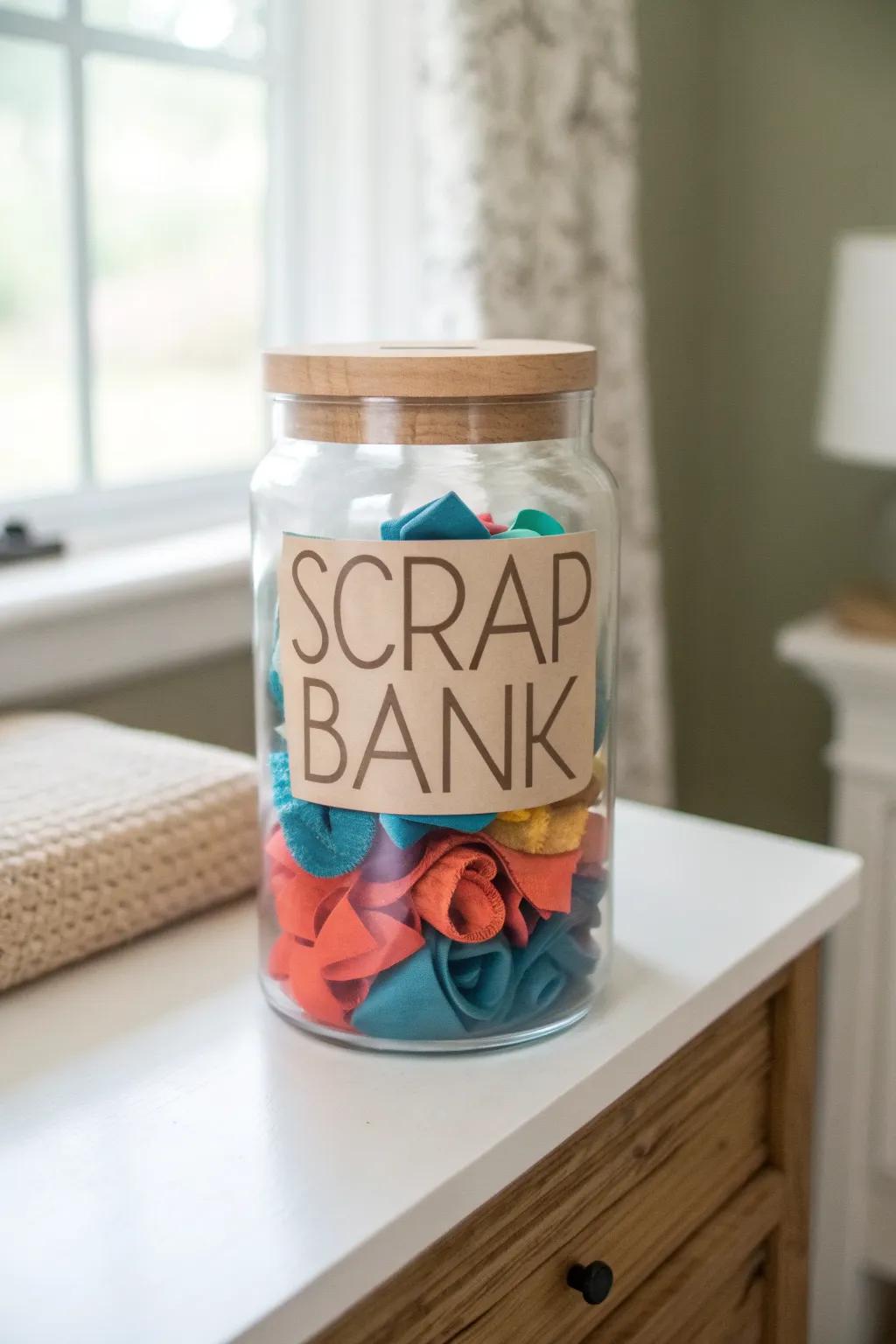A pretty Scrap Bank jar saves good leftovers—then reset weekly to stop clutter in its tracks.