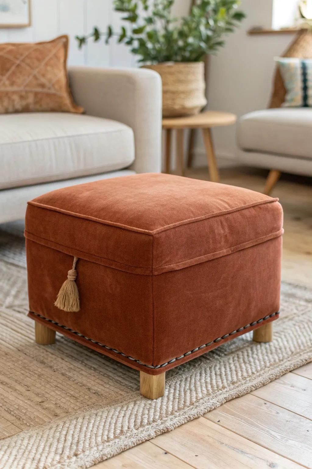 One bold modular ottoman up front—multiply it to form a cozy conversation ring in small rooms.