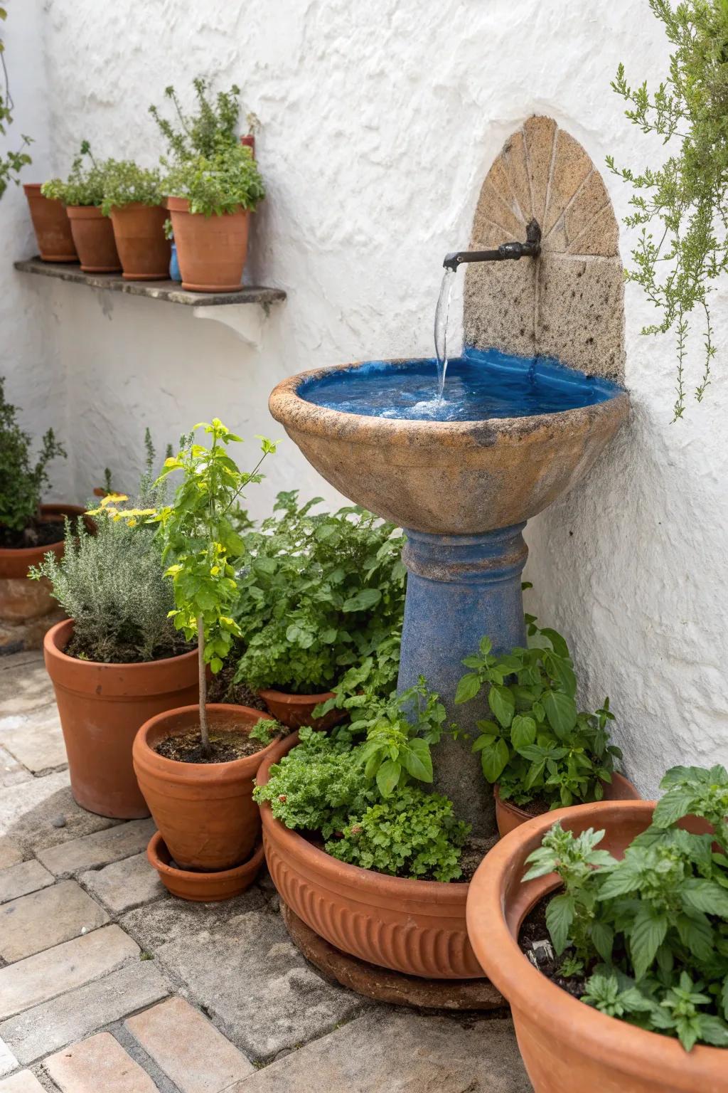 A spa-like corner fountain framed by fragrant mint, thyme, and basil for tiny patios.