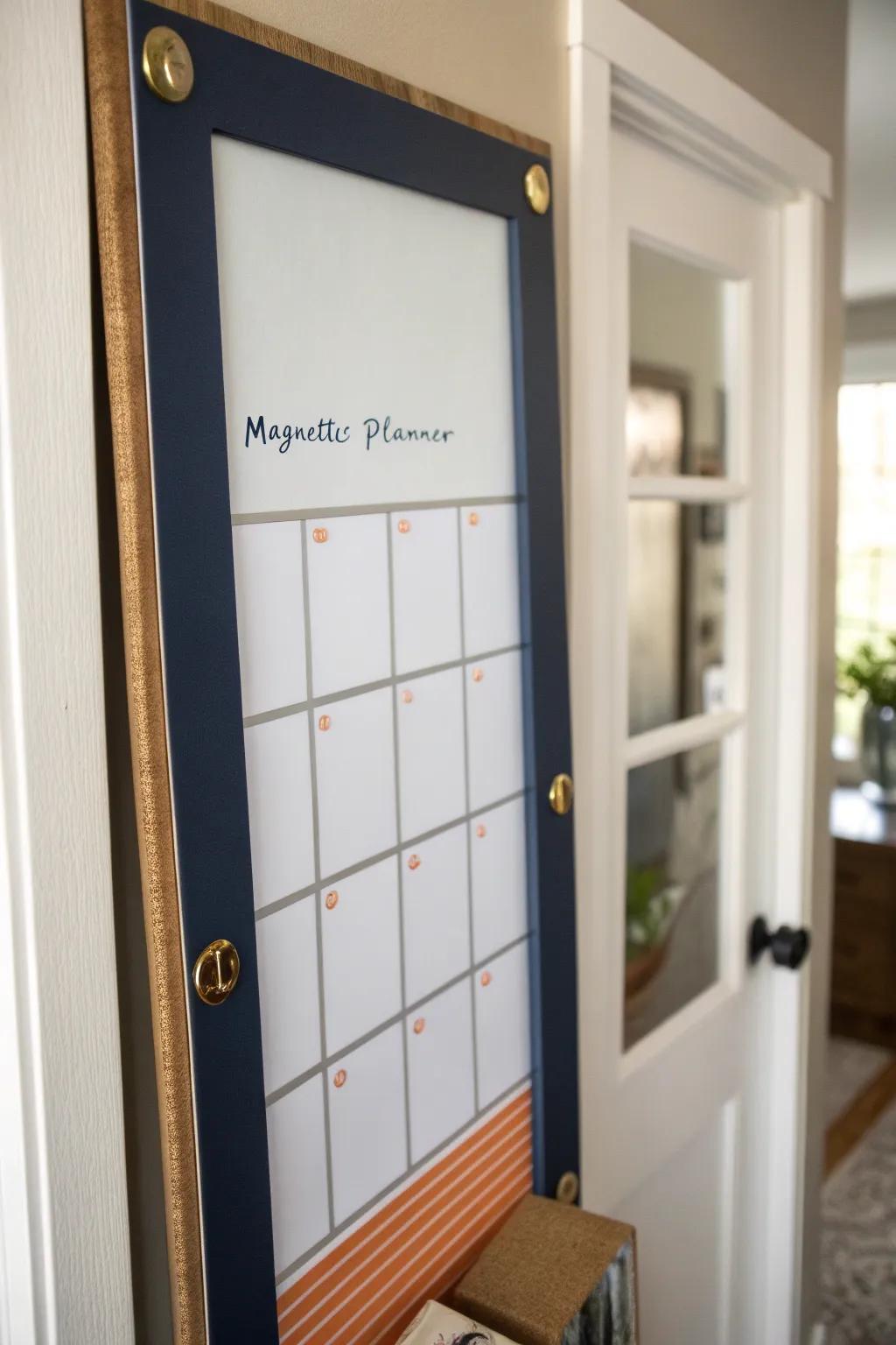 Magnetic planner panels on a mirror—clean rectangles that keep small-space mornings on track.