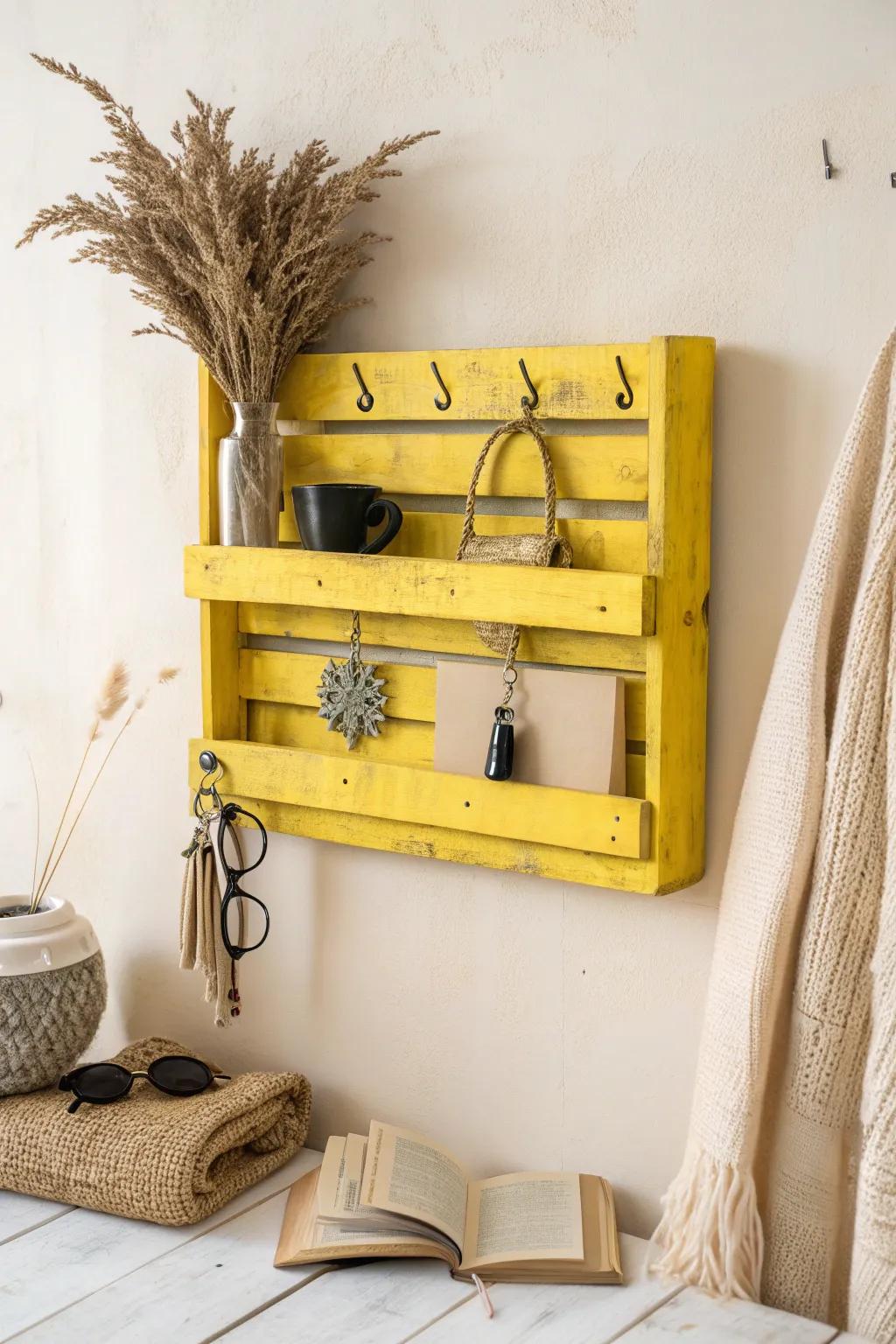 Brighten up your space with a vibrant yellow pallet wall organizer - where simplicity meets bold, functional beauty.