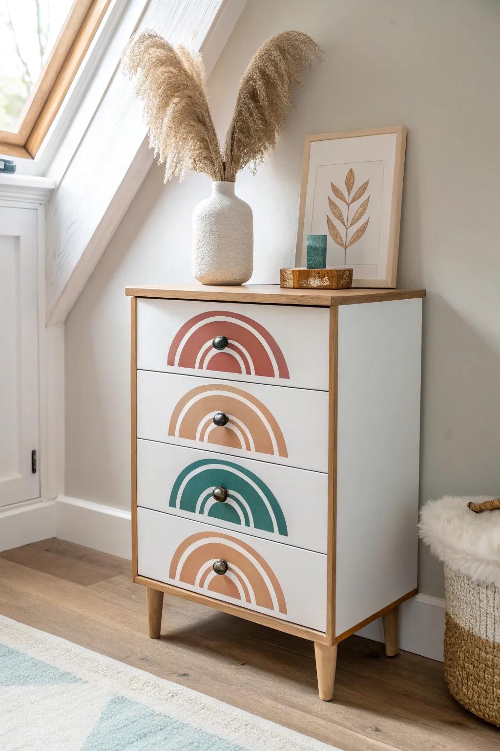 Hand-painted arch motifs turn a simple dresser into bold, modern statement storage.