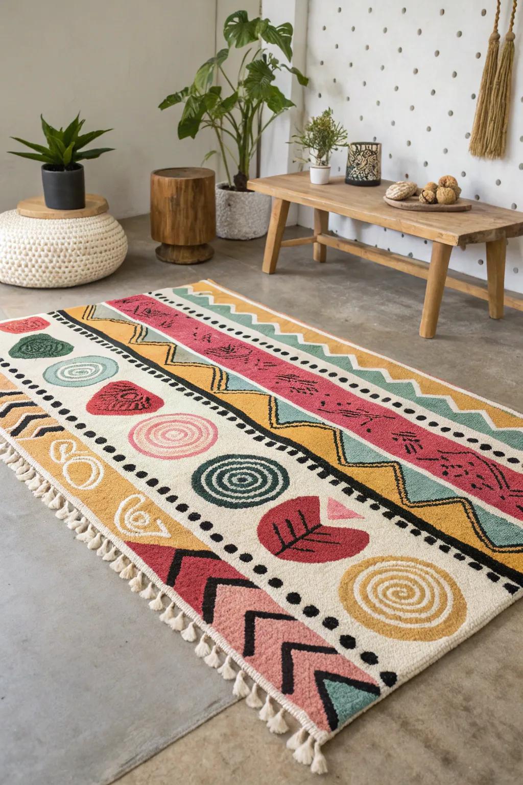 Transform your space with a bold, hand-painted rug that combines Scandinavian simplicity with Boho flair. #EclecticElements