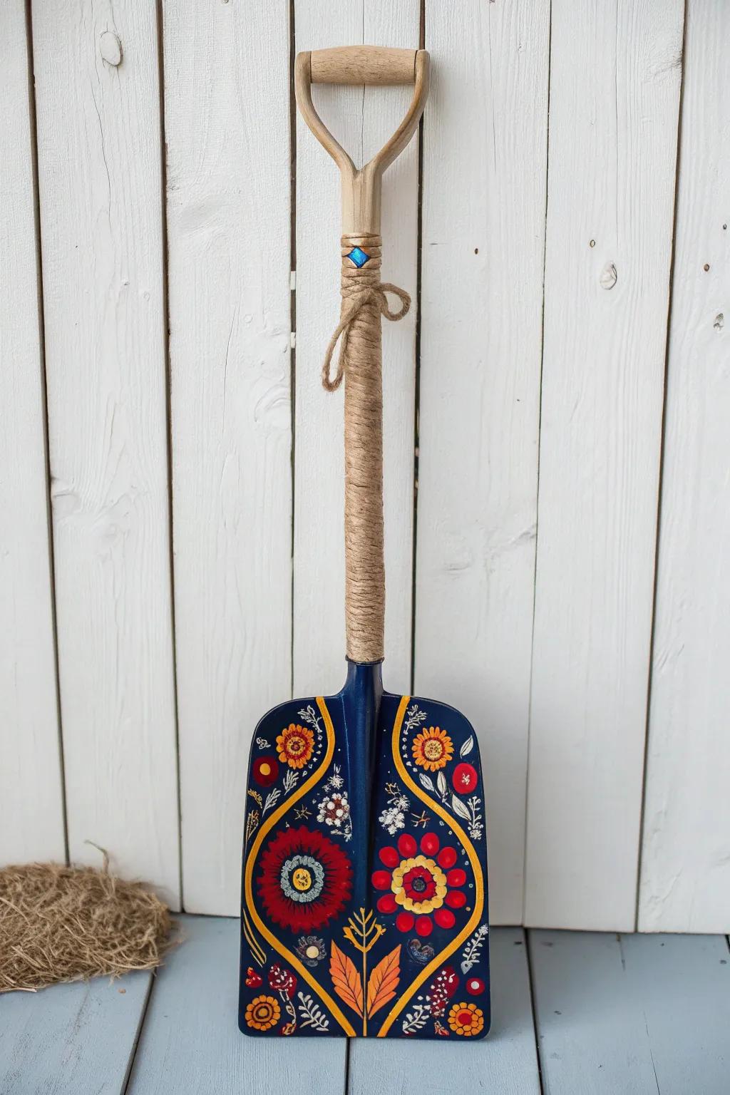 Celebrate your roots with art: a beautifully painted shovel showcasing cultural motifs in vibrant colors.