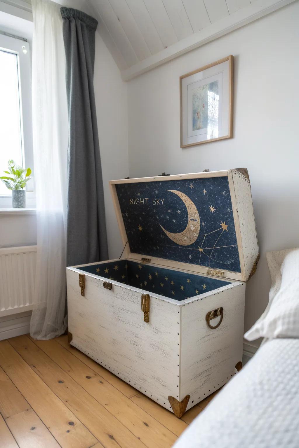 Open the lid for a wow: a hidden night-sky mural that turns storage into a daily surprise.