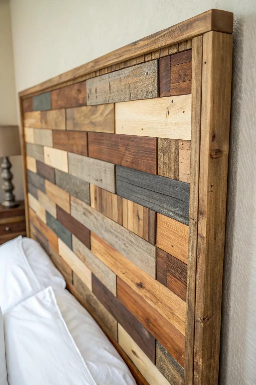 Patchwork pallet headboard with quilt-like wood tones—minimal, bold, and beautifully handmade.