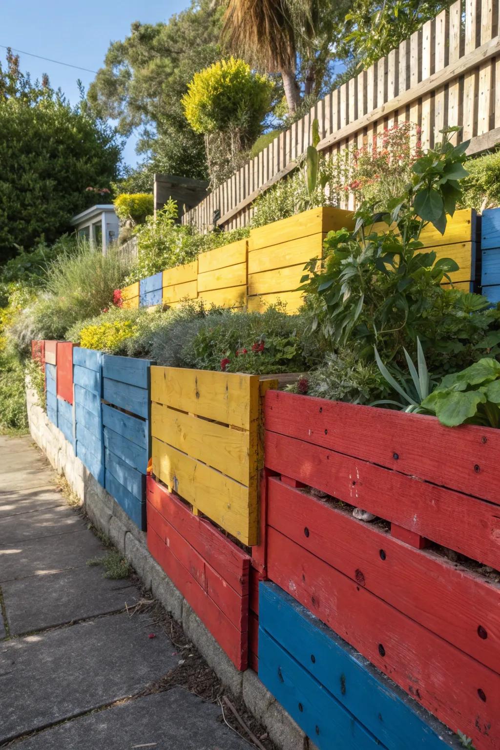 Transform your garden with bold, colorful pallet boundaries that define and delight.