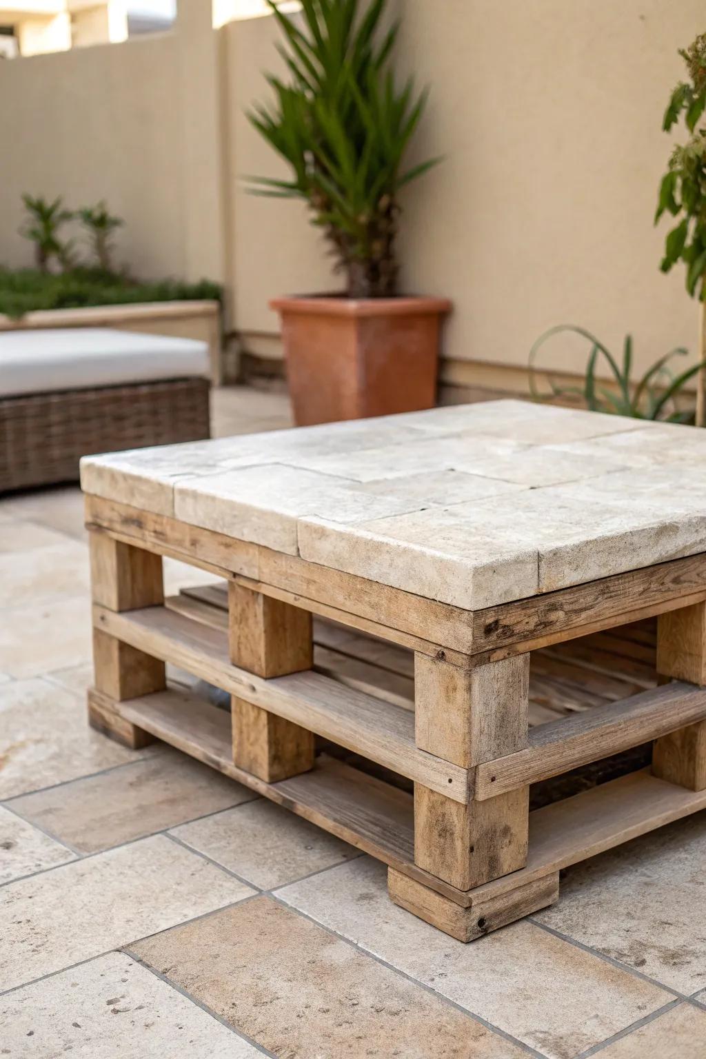 Rustic pallet wood meets sleek stone pavers—an outdoor table that looks custom-made.