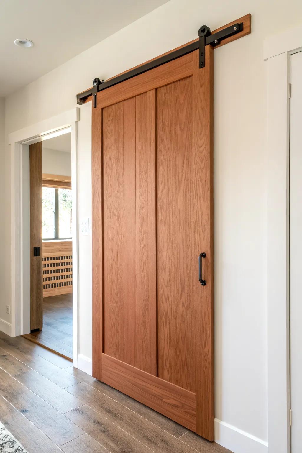 A floating-look pantry barn door with hidden track for a cleaner, quieter modern wall.