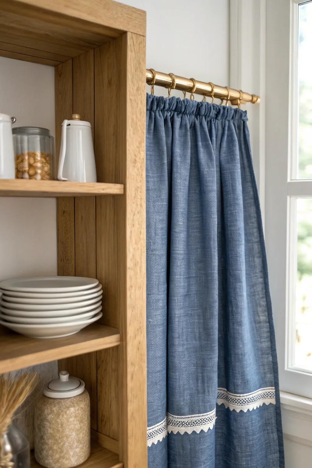 A bold linen cafe curtain hides pantry clutter and instantly softens a small shelf space.