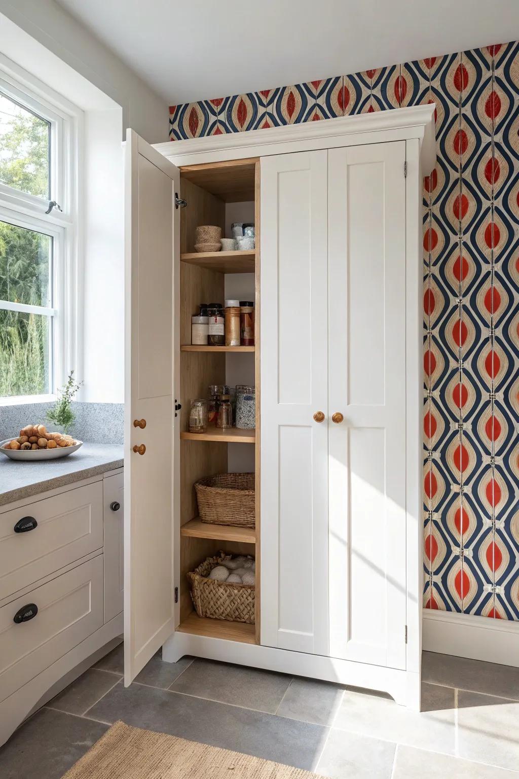 Quick pantry glow-up: peel-and-stick wallpaper on the back wall brings cozy color, zero commitment.