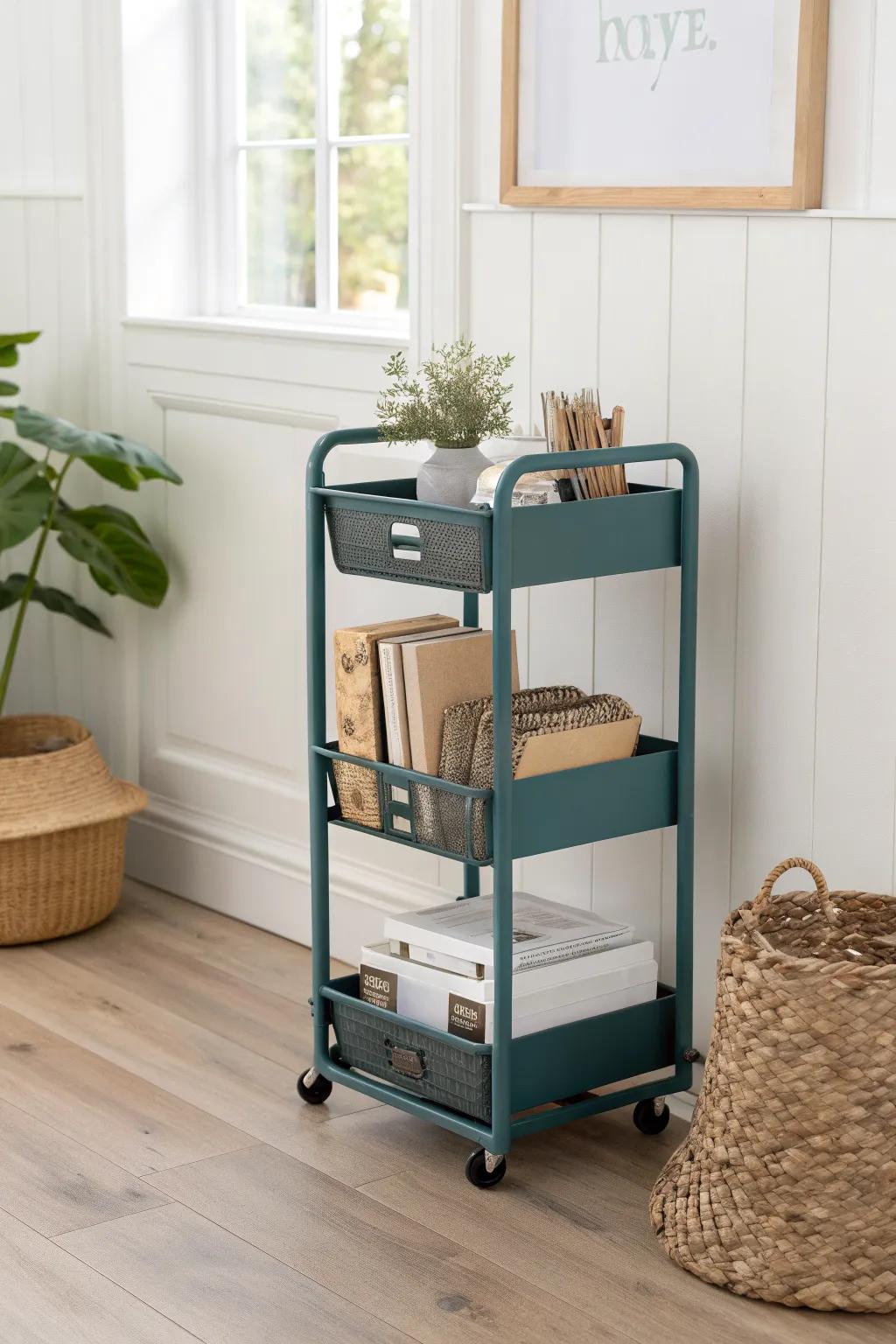 This slim rolling cart keeps folders, labels, and stamps organized—then rolls neatly out of sight.
