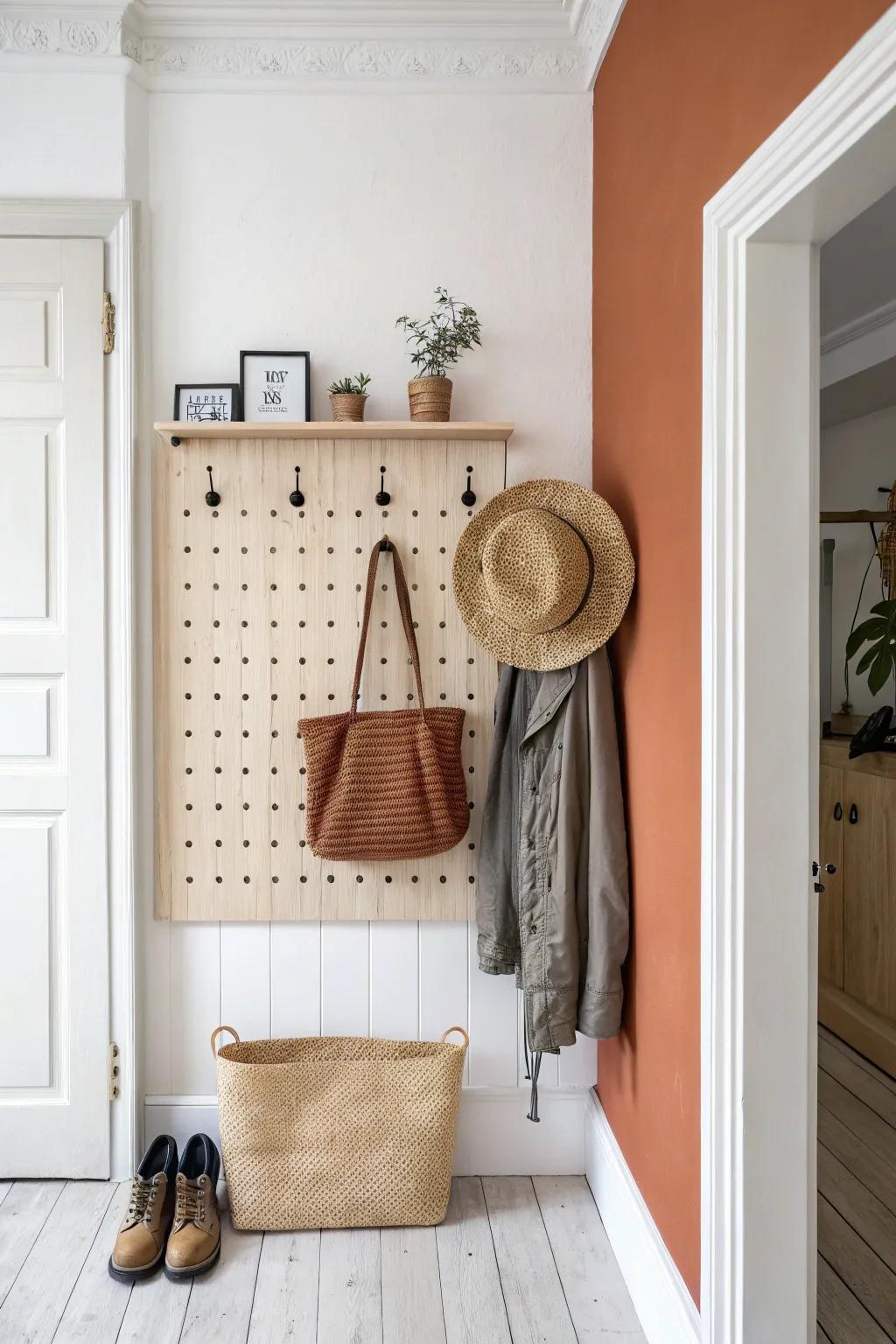Center a slim pegboard in a tiny entry alcove to make the nook feel like a custom built‑in.