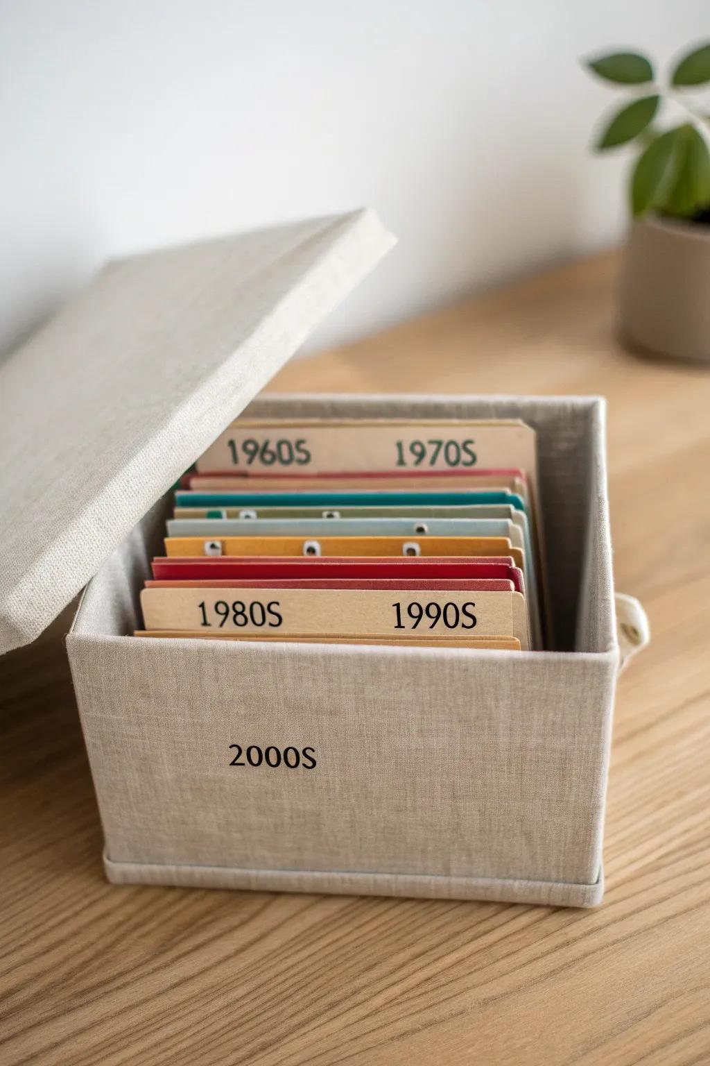 Color-code your photo decades—one labeled box and you can find memories in seconds.